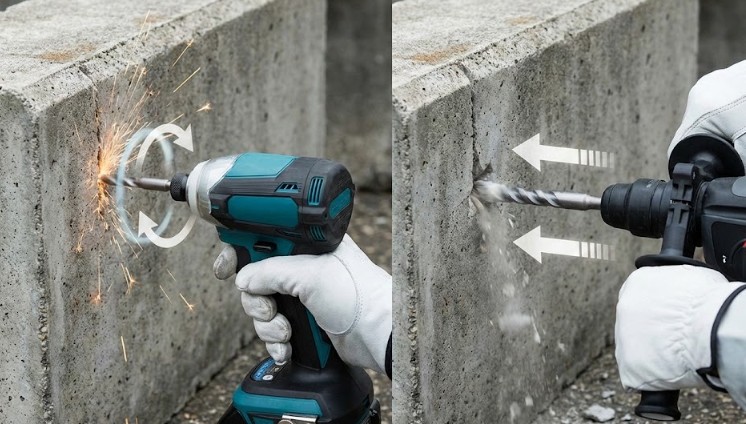 回転打撃と軸方向打撃の違いによるコンクリートへの不適合