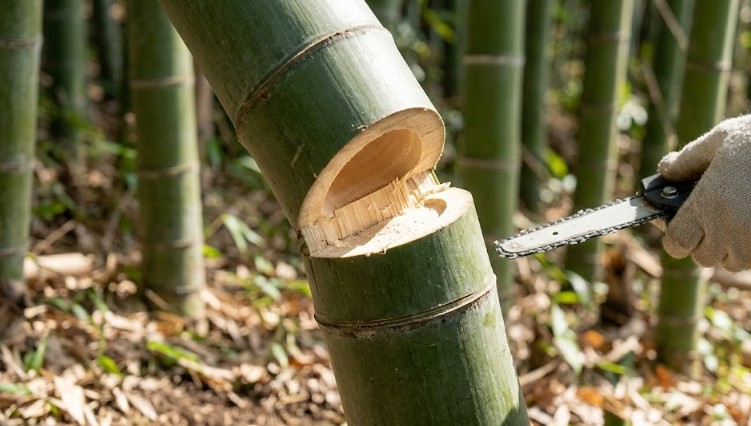 つるを残して竹が倒れる方向を制御する