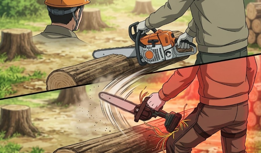 キックバックを防ぐ両手保持と防護ズボンの重要性